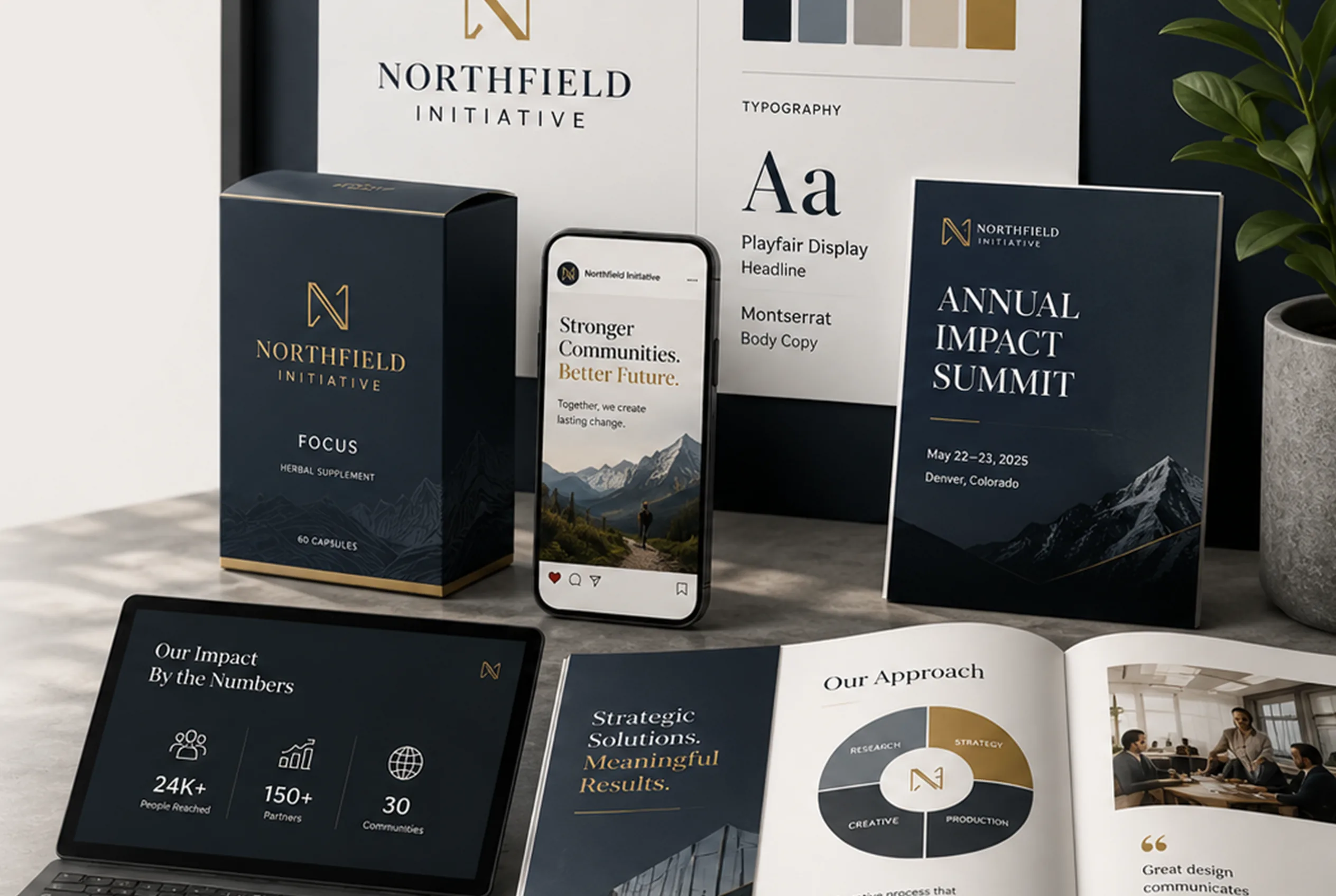 Cohesive brand identity system shown across packaging, mobile, print, and presentation materials